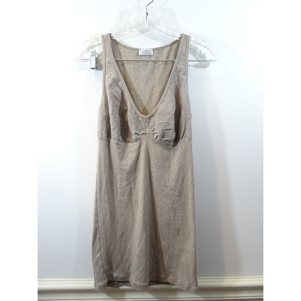 Brunello Cucinelli Taupe Beige V-Neck Pleated Cotton Blend Tank Top Coastal L